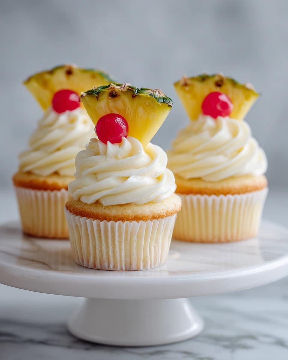 Three light yellow cupcakes each have a swirl of smooth white frosting on top. Each frosting swirl is decorated with a slice of fresh yellow pineapple with green edges, placed upright, and a small bright red berry in front. The cupcakes are wrapped in white paper liners and sit on a white stand with a smooth edge, all set against a background with a white marbled texture. Photo taken with an iphone --ar 4:5 --v 7