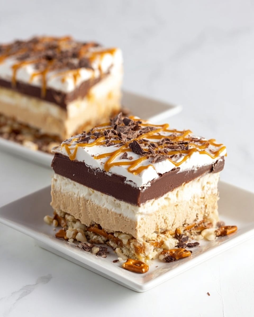 The image shows two square slices of a layered dessert placed on white square plates on a white marbled surface. Each slice has four distinct layers: the bottom layer is a crunchy mixture with small bits of nuts and pretzels in beige and light brown, the second layer is a thick creamy beige filling, the third layer is a smooth dark brown chocolate layer, and the top layer is white whipped cream with a light caramel drizzle in a grid pattern and scattered small chocolate shavings on top. Some of the crunchy bits have fallen onto the plate around the slices. photo taken with an iphone --ar 4:5 --v 7