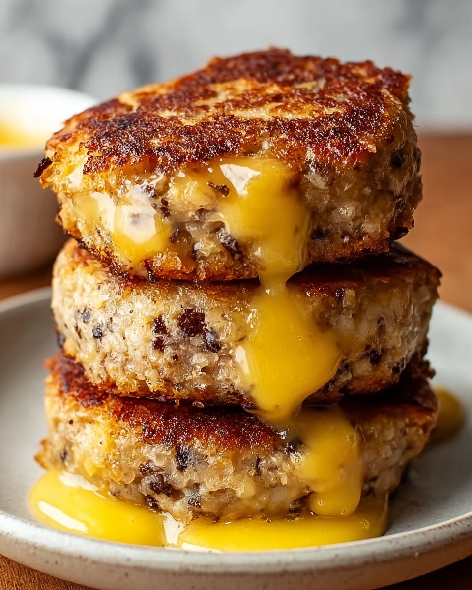 Three thick, round, golden brown patties stacked on top of each other on a white plate, each with a slightly crispy and textured surface showing bits of dark specks inside. The top patty has creamy bright yellow melted cheese oozing down the sides, pooling on the plate below. The patties look soft and moist with a rough, rustic texture and a warm color palette of browns and yellows. The background is a white marbled texture. photo taken with an iphone --ar 4:5 --v 7