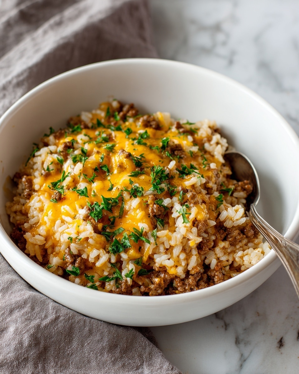 A white bowl filled with a layered dish starting with cooked white rice mixed with browned ground beef; the rice and beef blend is topped with melted yellow cheddar cheese that softly covers parts of the rice and beef; fresh chopped green parsley is sprinkled over the top, adding bright green color and a fresh touch. The bowl sits on a white marbled surface, and nearby is a gold fork partially in the frame. Photo taken with an iphone --ar 4:5 --v 7