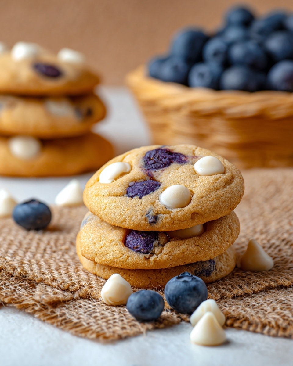 A small stack of round, golden-brown cookies with visible large white chocolate chips and deep purple blueberries scattered throughout is placed on a textured brown burlap cloth atop a white marbled surface. In the foreground, a few loose blueberries and white chocolate chips are casually placed near the cookies. Behind them, slightly out of focus, there is a woven basket filled with fresh blueberries and another stack of similar cookies. The overall scene is softly lit, highlighting the soft, slightly crumbly texture of the cookies and the smooth shine of the berries and chocolate chips. photo taken with an iphone --ar 4:5 --v 7