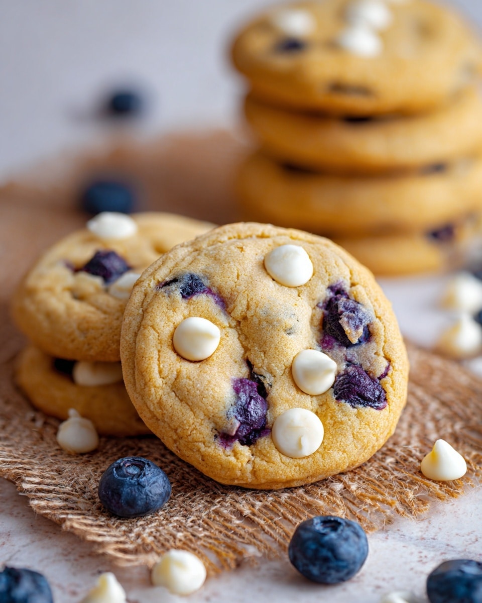 The image shows soft, golden-brown cookies with white chocolate chips and juicy blueberries baked inside. In the front, two cookies rest on a piece of coarse brown fabric on a white marbled surface, with a few white chocolate chips and fresh blueberries scattered around them. The cookies have a slightly bumpy texture, with white chocolate chips that look smooth and round, and blueberries that appear bursting with juice. In the background, more cookies are stacked, softly blurred to keep the focus on the foreground cookies. Photo taken with an iphone --ar 4:5 --v 7