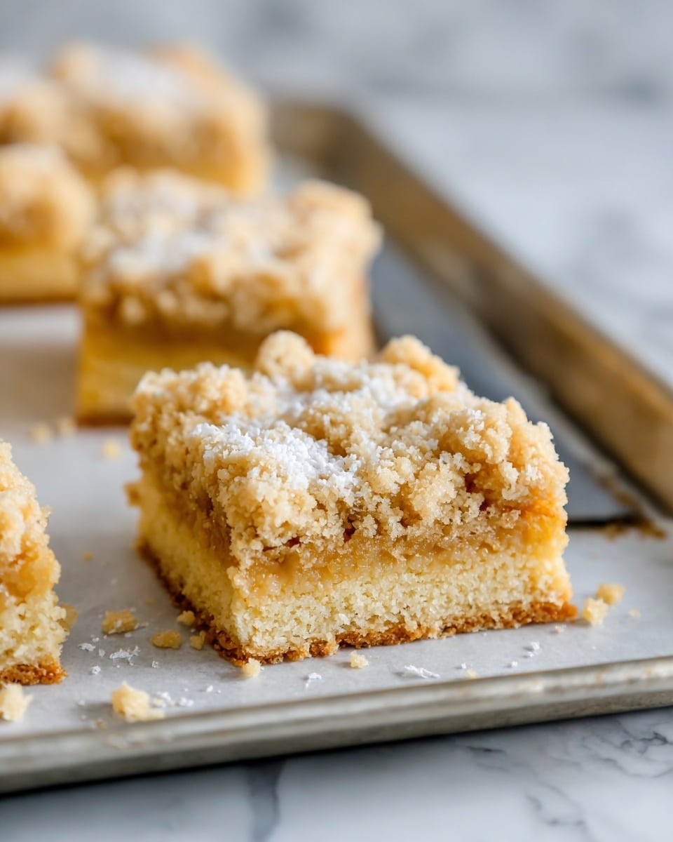 A close-up image of a square dessert bar with two visible layers on a metal baking tray, the top layer is crumbly and light golden brown while the bottom layer is denser and slightly darker with a chewy texture; around the main bar, there are a few more similar square pieces blurred in the background and foreground, with a knife partially visible beside the main bar; the scene is set on a white marbled texture photo taken with an iphone --ar 4:5 --v 7