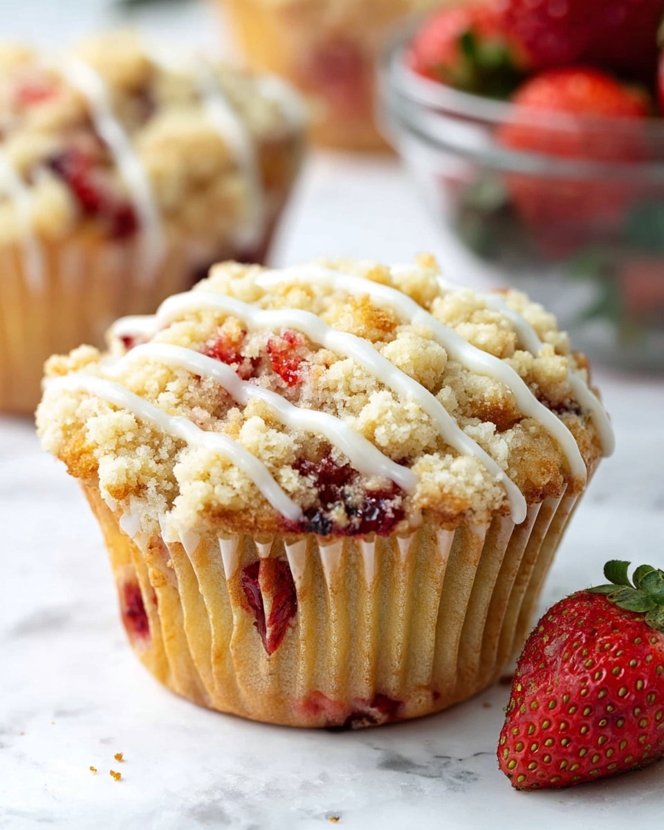A close-up of a single muffin with three clear layers sitting on a white marbled surface; the bottom layer is a golden brown cake base wrapped in a light brown paper liner with slight creases, the middle layer is filled with small red strawberry pieces mixed into the cake, and the top layer consists of a chunky crumbly pale yellow streusel with scattered strawberry bits. Thin white icing is drizzled in diagonal lines over the streusel topping, adding a smooth texture contrast. In the background, there is a blurry second muffin and a glass bowl filled with fresh red strawberries. A partially visible whole strawberry with a green stem is placed near the muffin on the white marbled surface. photo taken with an iphone --ar 4:5 --v 7