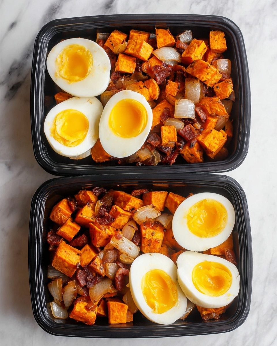 Two black meal prep containers sit on a white marbled surface, each filled with cooked diced sweet potatoes mixed with small pieces of browned onions and bacon. On one side of each container, there are two halves of a boiled egg with bright yellow yolks visible, placed next to one whole boiled egg. The sweet potatoes have a golden orange color with some charred brown spots, while the onions are translucent and slightly browned. The eggs have smooth white shells and firm whites surrounding their vibrant yolks. The containers are arranged vertically in the image, showing the meal clearly from above. photo taken with an iphone --ar 4:5 --v 7