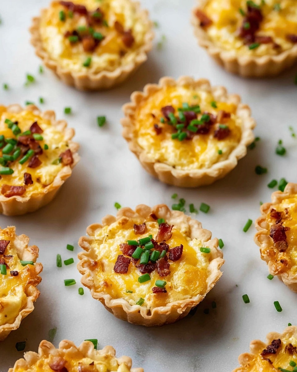 Several small tartlets are arranged on a white marbled surface, each with a golden-brown, flaky crust forming a round cup shape. Inside each crust, the filling is a creamy pale yellow with melted cheddar cheese on top that has a slightly golden, bubbly texture. Small bits of crispy bacon pieces are scattered within and on the surface of the filling, adding a reddish-brown contrast. Fresh, chopped green chives are sprinkled on top of each tartlet, giving a bright green pop of color. The tartlets are evenly spaced, and some extra chives are scattered around on the white marbled surface. photo taken with an iphone --ar 4:5 --v 7
