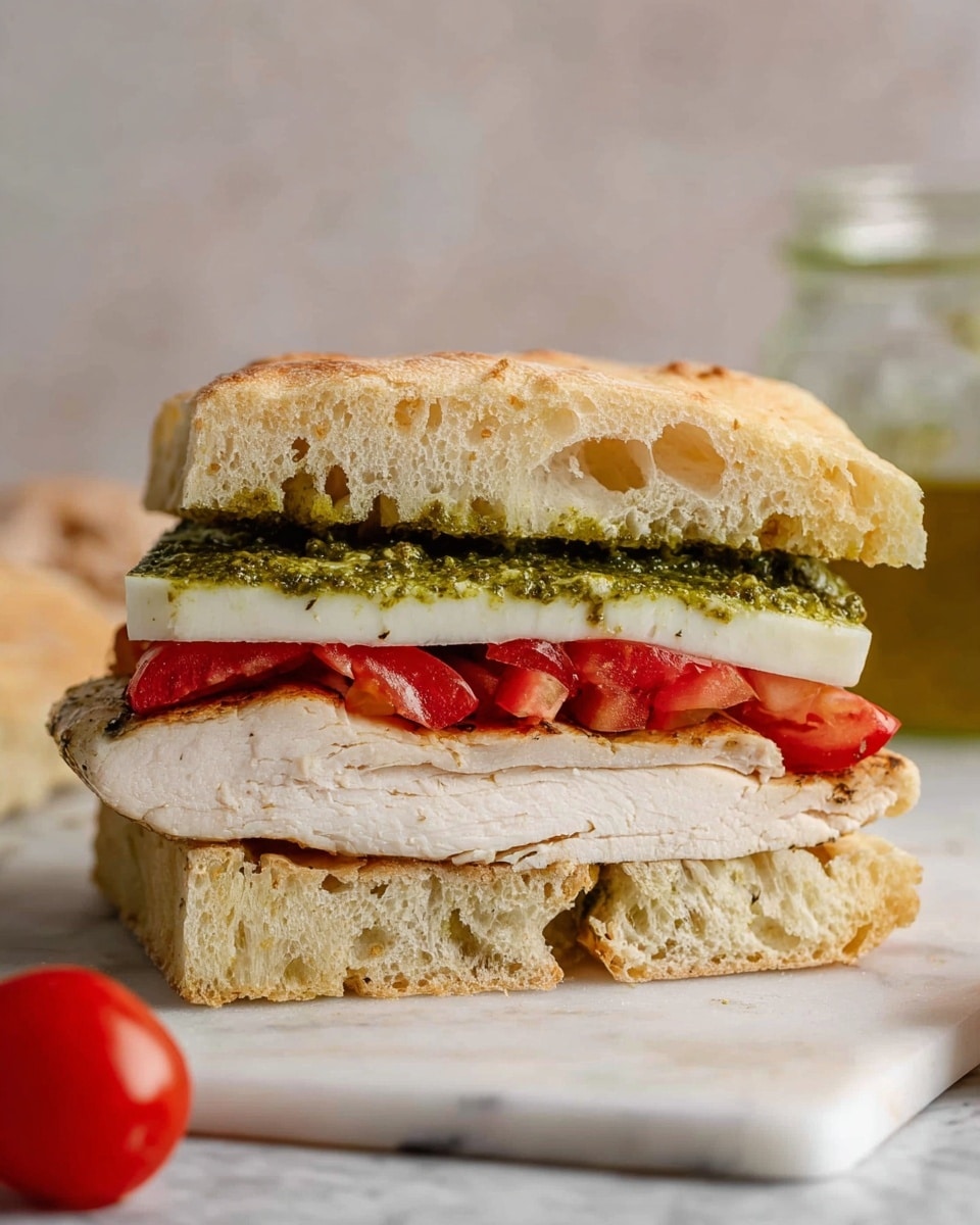 The image shows a sandwich with four clear layers stacked neatly. The bottom layer is a piece of thick, airy ciabatta bread with a golden crust and some visible pores. Above this is a thick slice of cooked chicken breast, pale and juicy with a slightly browned edge. Next, there is a layer of bright red tomato slices that look fresh and juicy. Above the tomatoes is a slice of white mozzarella cheese topped with a spread of green pesto sauce, which adds texture and color contrast. The sandwich is cut in half and placed on a white marbled surface with a small red cherry tomato in front and a glass jar partially visible in the background. Photo taken with an iphone --ar 4:5 --v 7