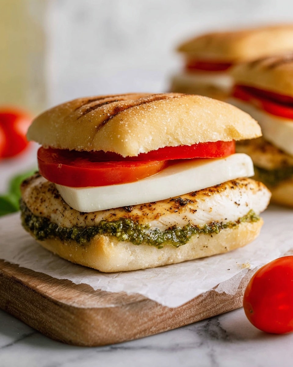 The image shows a sandwich with four layers on a white ciabatta bun. The bottom bun is light golden brown with a soft texture. On top of it sits a grilled chicken breast with visible seasoning and a slightly crispy surface. Above the chicken, there is a thick slice of red tomato. Next, a thick slice of white mozzarella cheese is placed, and finally, a generous spread of green pesto sauce covers the cheese. The sandwich is resting on white parchment paper over a wooden board, with a small red grape tomato in the foreground and another sandwich blurred in the background, all set against a white marbled surface. photo taken with an iphone --ar 4:5 --v 7