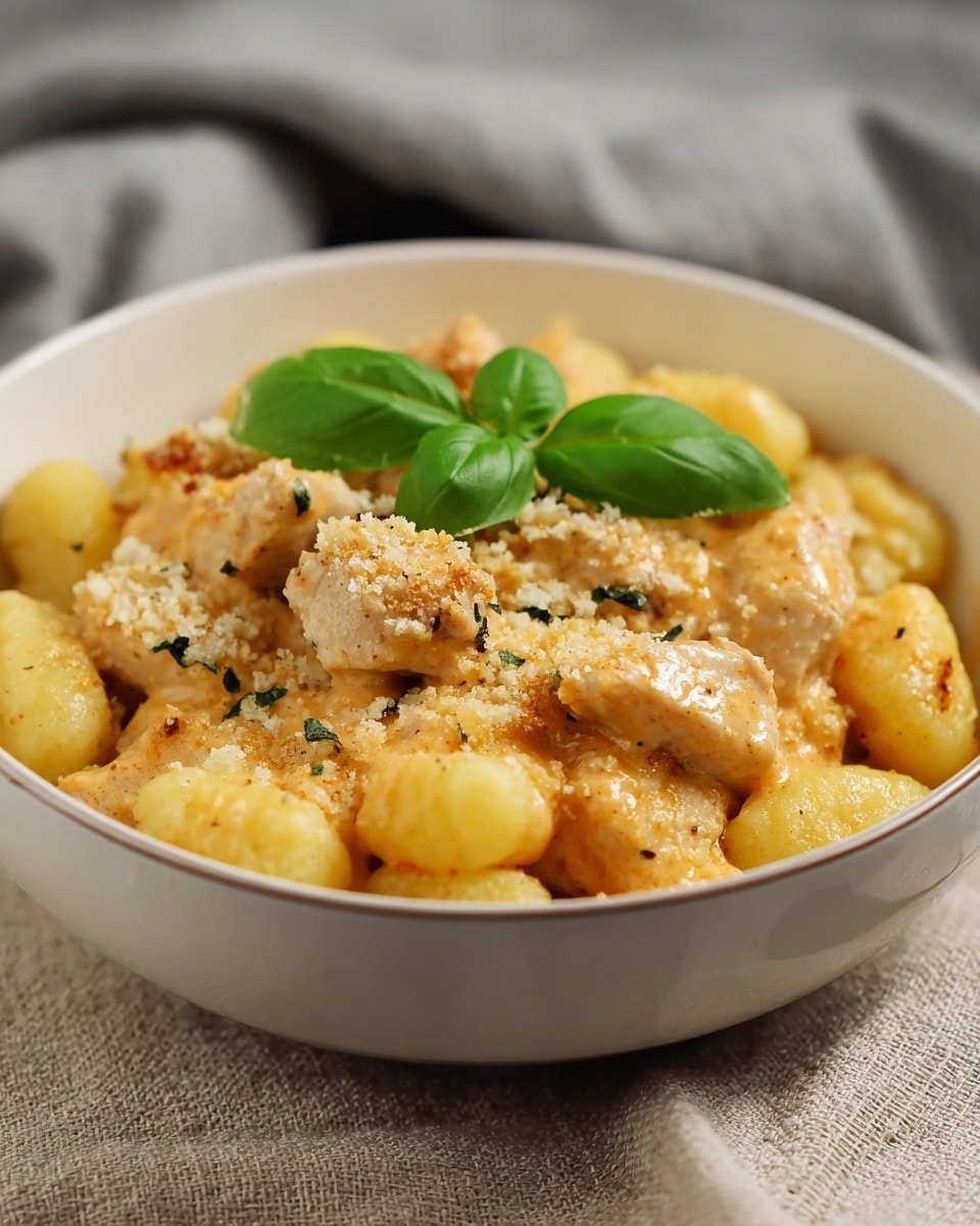 A white bowl filled with soft yellow gnocchi as the base layer, topped with pieces of light beige chicken coated in a creamy orange sauce, sprinkled with fine light brown breadcrumbs, and garnished with two fresh green basil leaves resting on top, all placed on a textured beige cloth with a gray cloth in the blurred background, photo taken with an iphone --ar 4:5 --v 7