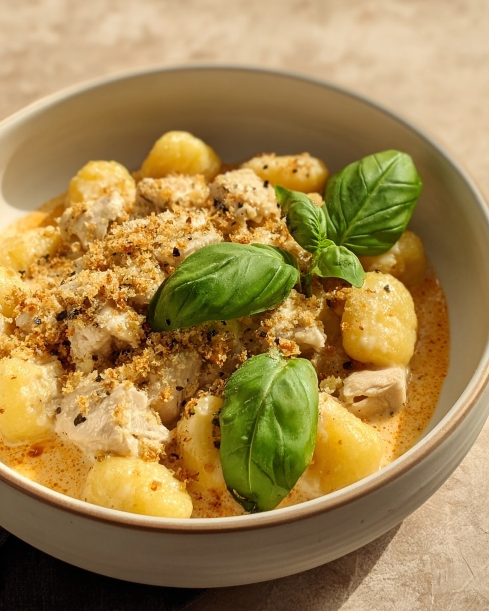 A white bowl filled with a creamy dish featuring two main layers: the bottom layer consists of small, soft, yellow gnocchi pieces, slightly coated in a light, smooth orange sauce; on top, there are chunks of tender, pale chicken covered with a sprinkle of fine, light brown crumbs. The dish is garnished with two large, fresh, bright green basil leaves resting gently on one side. The bowl is placed on a textured beige surface with a soft, blurred background. Photo taken with an iphone --ar 4:5 --v 7