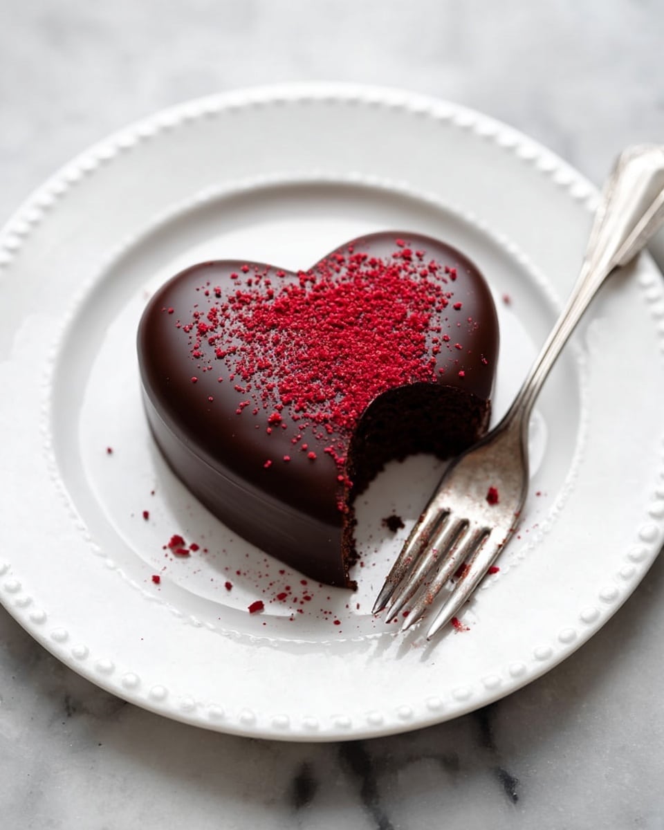 A small heart-shaped cake covered in smooth dark chocolate glaze sits on a white plate with a dotted rim. The top of the cake is dusted with fine bright red powder, mostly on one side and spreading slightly onto the plate. A silver fork rests on the plate with the tip touching the cake’s side where a small bite is missing, showing rich chocolate cake inside. The background is a white marbled surface. Photo taken with an iphone --ar 4:5 --v 7