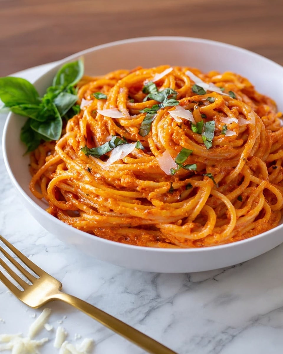 A white bowl filled with spaghetti coated in a thick, creamy orange-red sauce, garnished with small green basil leaves and a few shreds of white cheese on top. On the left side, there is a small bunch of fresh green basil leaves resting on the noodles. A gold fork lies on a white marbled surface in the foreground, with a few pieces of shredded cheese scattered nearby. The texture of the sauce looks smooth and rich, while the spaghetti strands are well separated but slightly curled. Photo taken with an iphone --ar 4:5 --v 7