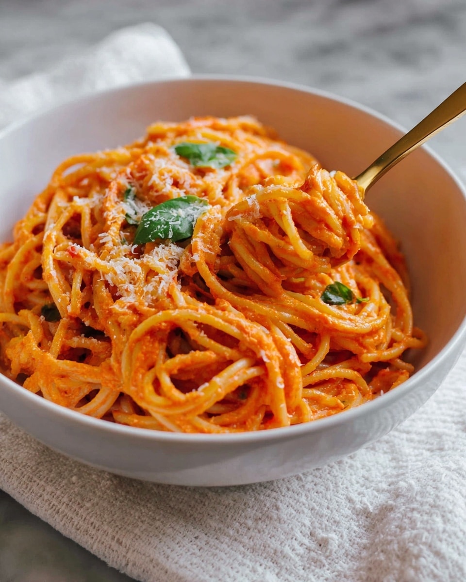 A white bowl filled with spaghetti pasta covered in a thick, creamy tomato sauce of bright orange-red color. The spaghetti strands are well coated and slightly twisted, with a few small green basil leaves mixed in and placed on top, adding a touch of fresh green. There is a sprinkle of fine grated cheese melting over the sauce, giving a slightly textured look. A gold-colored fork is picking up a small swirl of spaghetti from the bowl. The bowl sits on a white textured cloth over a white marbled surface. photo taken with an iphone --ar 4:5 --v 7