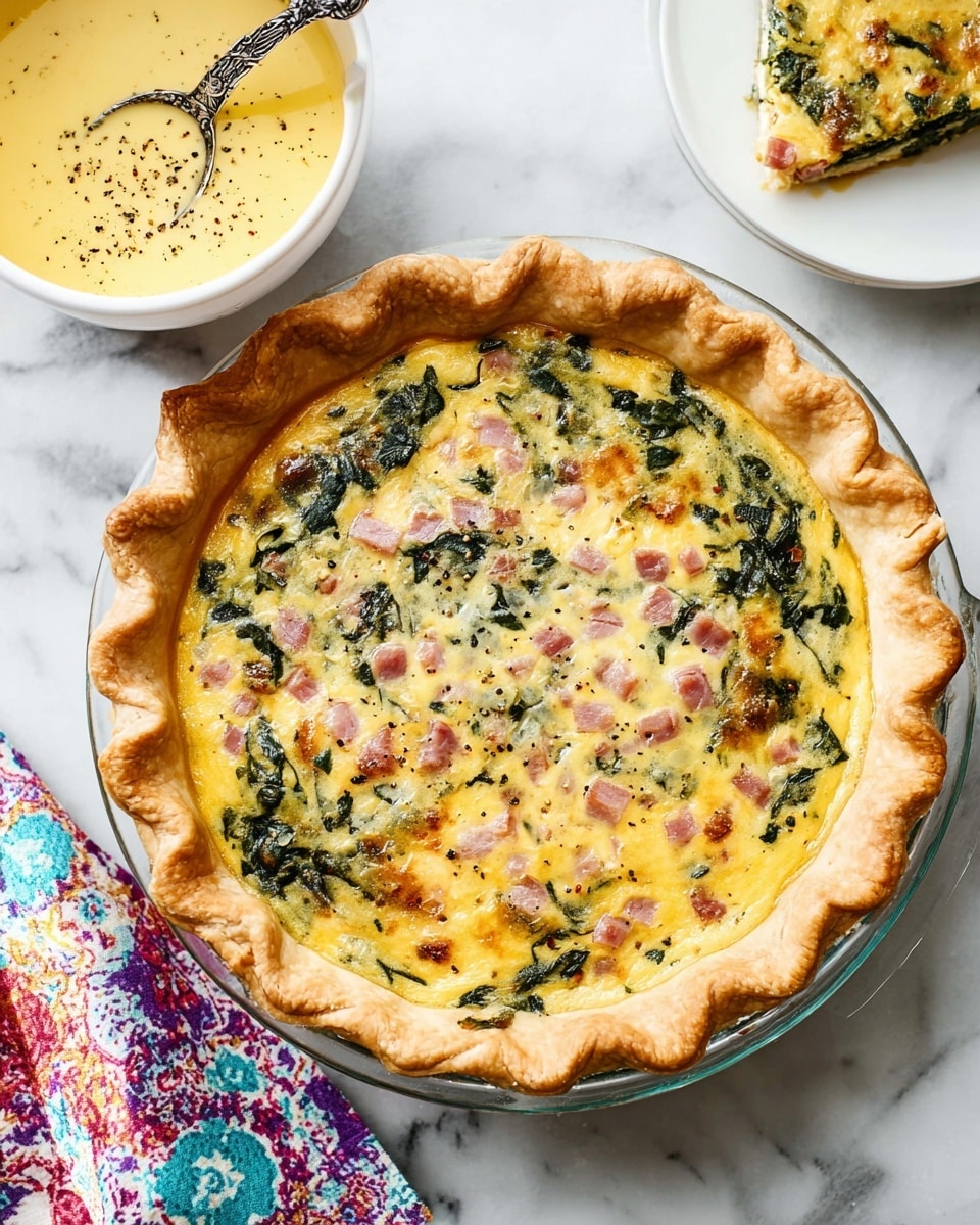A golden brown pie with a thick, flaky crust crimped around the edges sits in a clear glass pie dish. Inside, the top layer is a creamy, yellow egg mixture with visible green spinach leaves and light pink cubes of ham evenly spread throughout. The surface has melted, slightly browned cheese speckled with small bits of grated cheese and black pepper, adding texture and visual interest. To the left, a white bowl holds a smooth yellow sauce with black pepper sprinkled on top and a detailed silver spoon resting inside. The scene is set on a white marbled surface with a folded colorful cloth showing in the bottom left corner, and a partial view of another piece of the pie on a white plate to the upper right. photo taken with an iphone --ar 4:5 --v 7