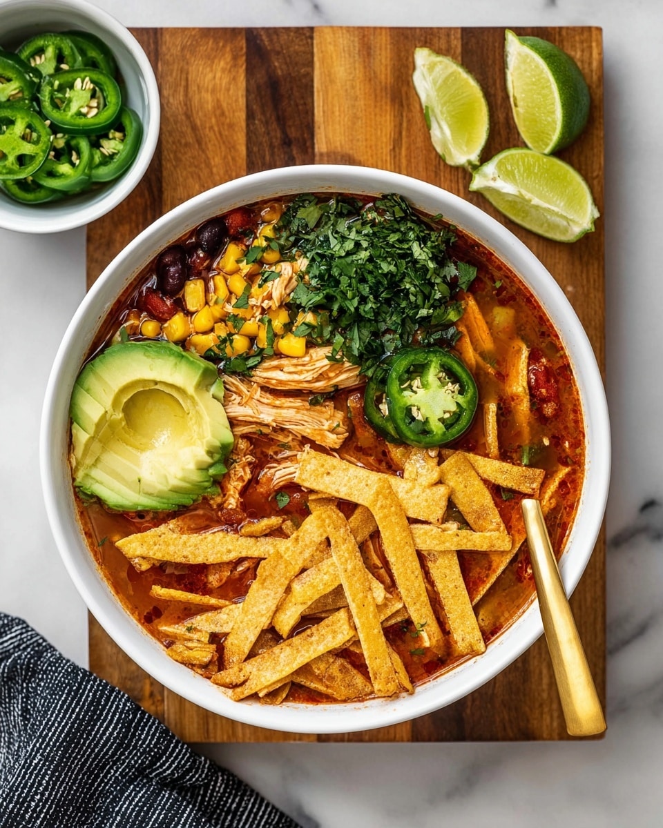 A white bowl filled with a vibrant tortilla soup, showing three main visible layers: at the base, a rich reddish broth with shredded chicken, black beans, and corn kernels; on top of it, a generous amount of chopped green cilantro spread over one side, a few slices of avocado, and a round slice of green jalapeño pepper placed near the center; the top layer consists of crisp, golden-brown fried tortilla strips neatly piled on one side of the bowl. A gold spoon rests inside the bowl on the right. The bowl is set on a wooden board placed on a white marbled texture, alongside two lime wedges and more tortilla strips on the board. A small part of a white bowl with sliced green jalapeño is seen on the left, and a black and white striped cloth is partially visible at the bottom left corner. Photo taken with an iphone --ar 4:5 --v 7
