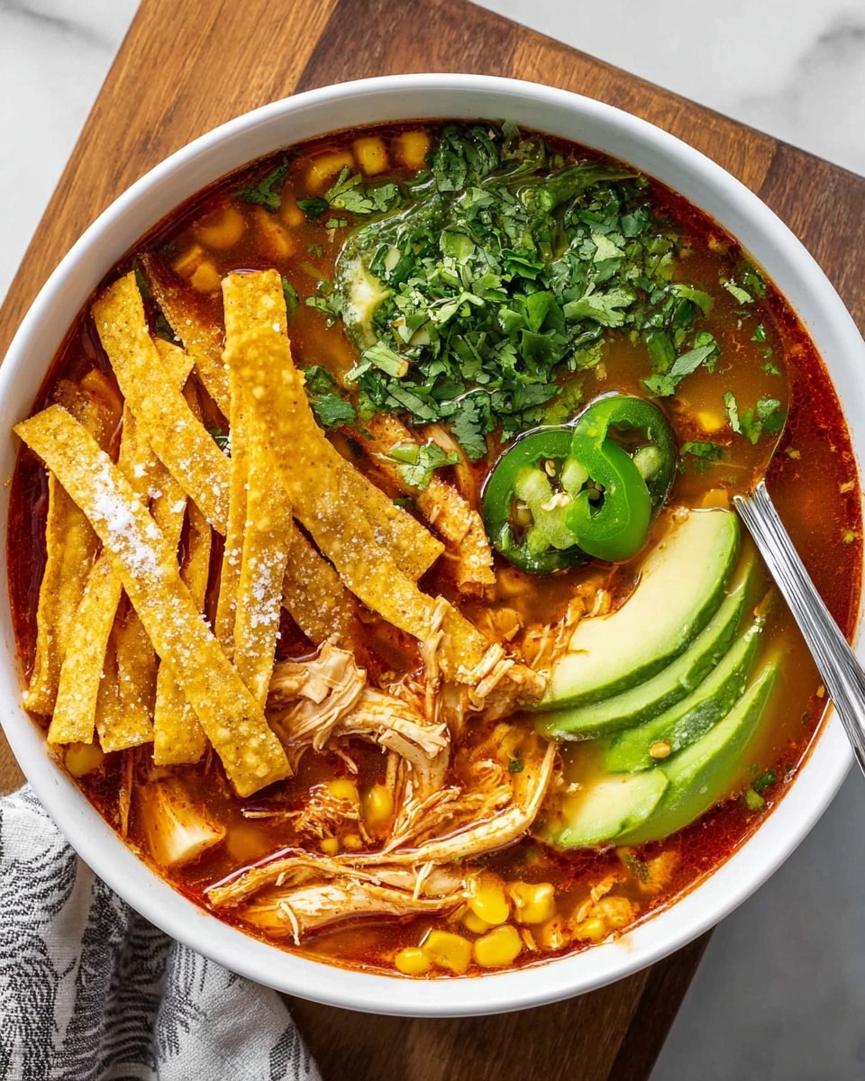 A white bowl filled with vibrant chicken tortilla soup sits on a white marbled surface with a wooden board beneath. The soup has a reddish broth with visible shredded chicken and corn kernels. On the left side, crispy golden tortilla strips are piled high, sprinkled lightly with salt. Fresh green avocado slices lay beneath the tortilla strips, topped with chopped green cilantro. A single slice of jalapeño rests near the avocado. A metal spoon is inserted into the soup on the right side. The photo is well-lit, capturing the rich colors and textures. Photo taken with an iphone --ar 4:5 --v 7