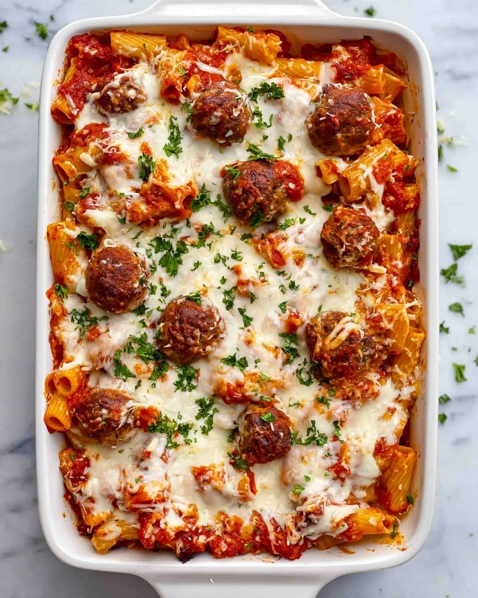 A white rectangular baking dish filled with baked rigatoni pasta covered in melted white cheese that stretches over the top, with visible red tomato sauce mixed in between the pasta. On top, there are several large brown meatballs scattered evenly, sprinkled with chopped green herbs. The pasta is densely packed, and the cheese looks gooey and rich, melting over the textured pasta and sauce below. The dish rests on a white marbled surface with a few pieces of chopped herbs around. photo taken with an iphone --ar 4:5 --v 7