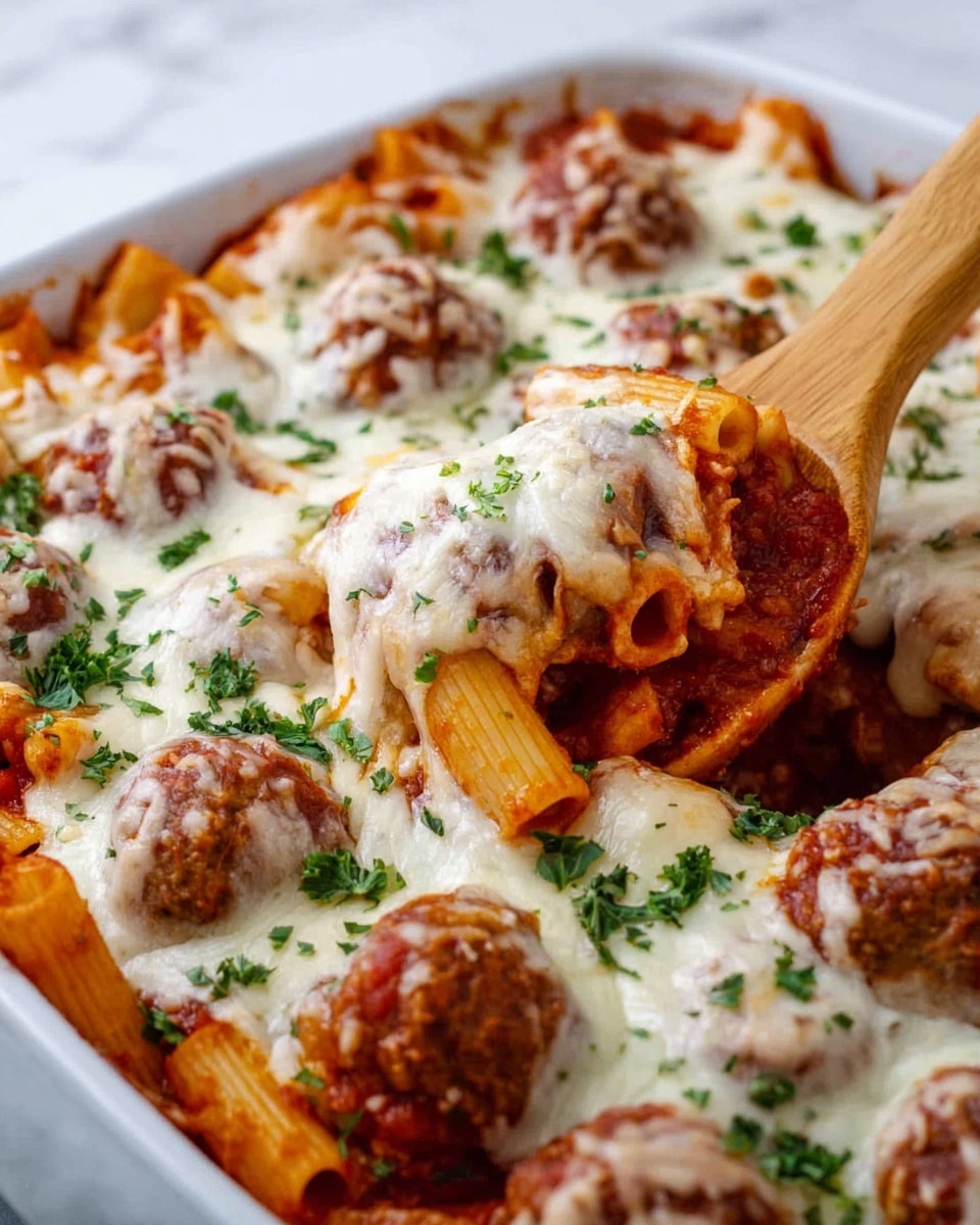 A close-up view of a white baking dish filled with a baked pasta meal featuring three main layers. The bottom layer consists of rigatoni pasta coated in a rich red tomato sauce. On top of the pasta, there is a generous layer of melted white mozzarella cheese that looks soft and gooey. Scattered evenly across the top are brown, juicy meatballs coated in tomato sauce. Bright green chopped parsley is sprinkled over the cheese and meatballs for color contrast. A wooden spoon is scooping some pasta from the side of the dish, all placed on a white marbled surface. photo taken with an iphone --ar 4:5 --v 7