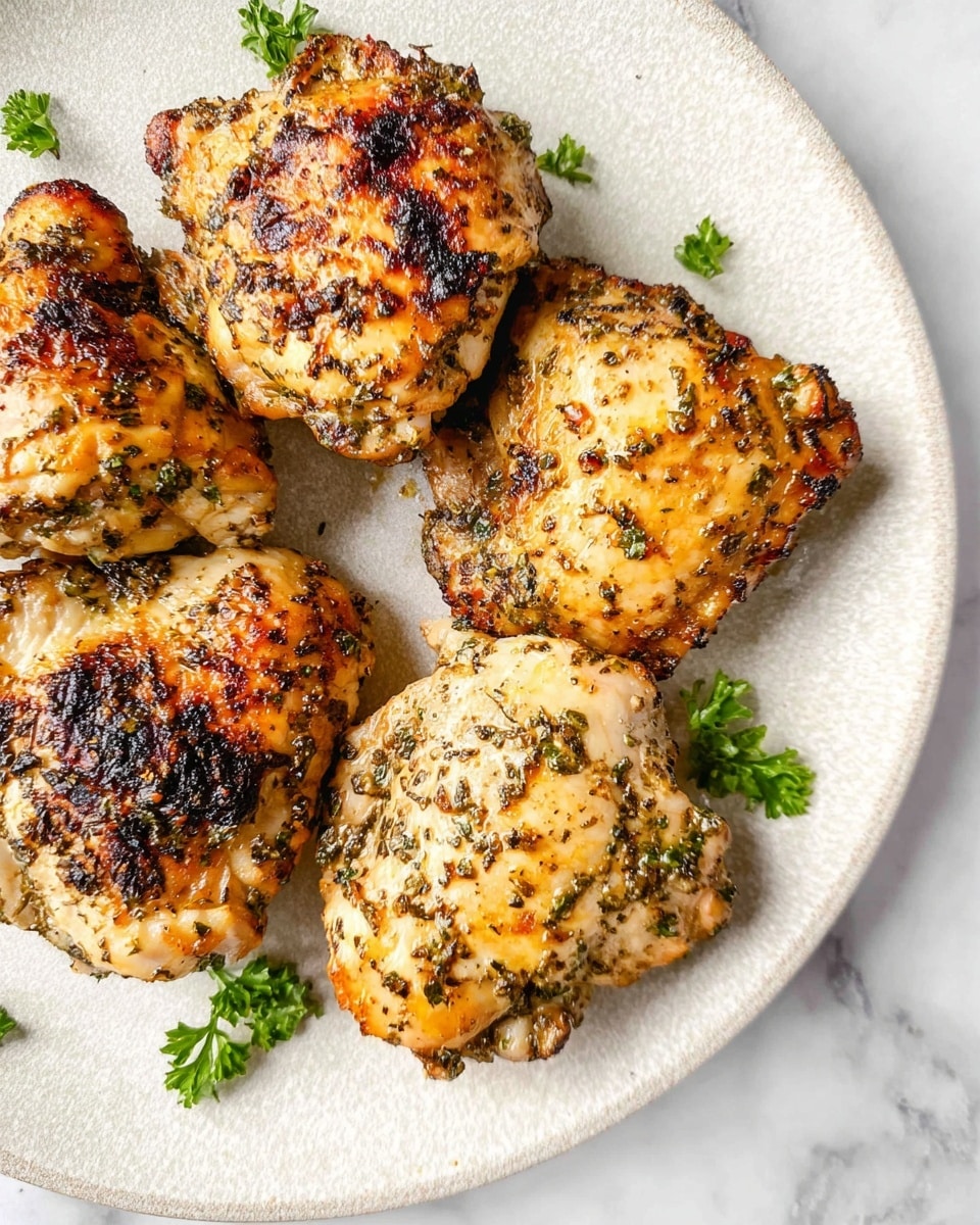 The image shows five pieces of grilled chicken thighs placed on a round white plate with a subtle textured finish. Each chicken piece has a light golden color with darker char marks and visible herbs and spices sprinkled all over, adding a speckled green and brown look. The chicken pieces have a slightly glossy, juicy surface with a mix of crispy edges and tender centers. Small green parsley leaves are scattered around and on top of the chicken parts, enhancing the fresh appearance. The plate is set on a white marbled surface. photo taken with an iphone --ar 4:5 --v 7