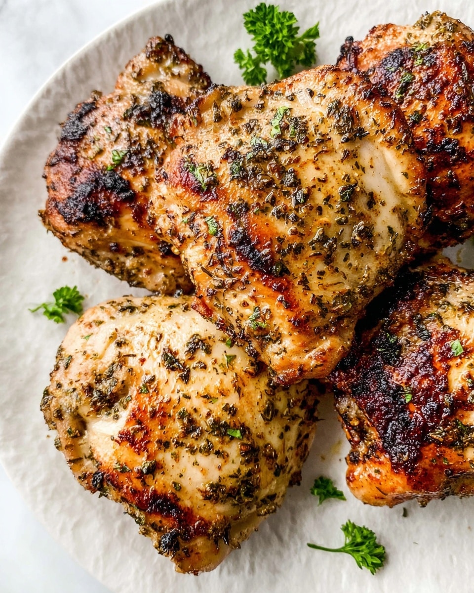 The image shows five grilled chicken thighs placed closely together on a white plate with a subtle texture. Each piece has a golden brown color with darker charred spots and is covered in herbs and spices giving a speckled green and black look. Small green parsley leaves are scattered on and around the chicken, adding a fresh touch. The surface of the chicken looks juicy and slightly crispy with a mix of smooth and rough textures. The background is a white marbled texture. Photo taken with an iphone --ar 4:5 --v 7