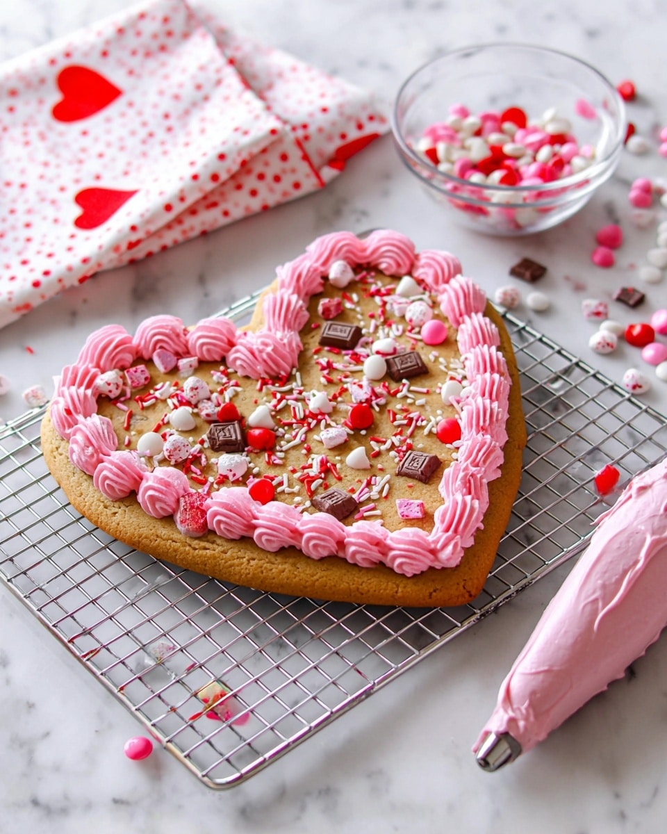 A heart-shaped cookie cake sits on a metal cooling rack over a white marbled surface. The cookie has a golden-brown color with a slightly crisp edge and is decorated with pink frosting piped in small star shapes all around the edge. The top is scattered with small red, white, and pink heart-shaped sprinkles and thin, white and pink cylindrical sprinkles. In the background, a pink piping bag and extra piping tips lie on the white marbled surface, along with small white bowls filled with pink and white sprinkles. A few heart sprinkles are scattered around the rack on the surface. photo taken with an iphone --ar 4:5 --v 7
