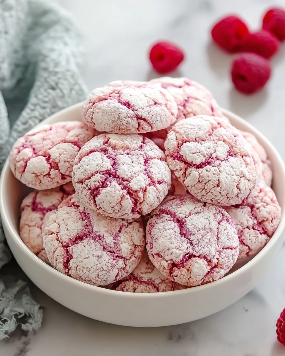 A white round bowl filled with a stack of round raspberry crinkle cookies covered in a light dusting of powdered sugar. The cookies are mostly pink with visible cracks and a soft, slightly rough texture, showing the raspberry color beneath the sugar. One bright red raspberry sits on top in the center, adding a fresh contrast. The bowl is set on a white marbled surface, adding a clean and bright look to the image. Photo taken with an iphone --ar 4:5 --v 7