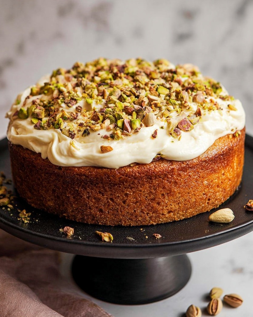 The image shows a single-layer round cake on a black cake stand with a smooth, light brown baked texture. On top, there is a thick layer of creamy white frosting spread unevenly, with some swirls and waves giving it a soft, fluffy look. The frosting is generously sprinkled with chopped nuts in various shades of brown and green, adding a crunchy texture on top. Around the base of the cake, whole and halved pistachio nuts are scattered on the black cake stand. The background is a white marbled texture. photo taken with an iphone --ar 4:5 --v 7
