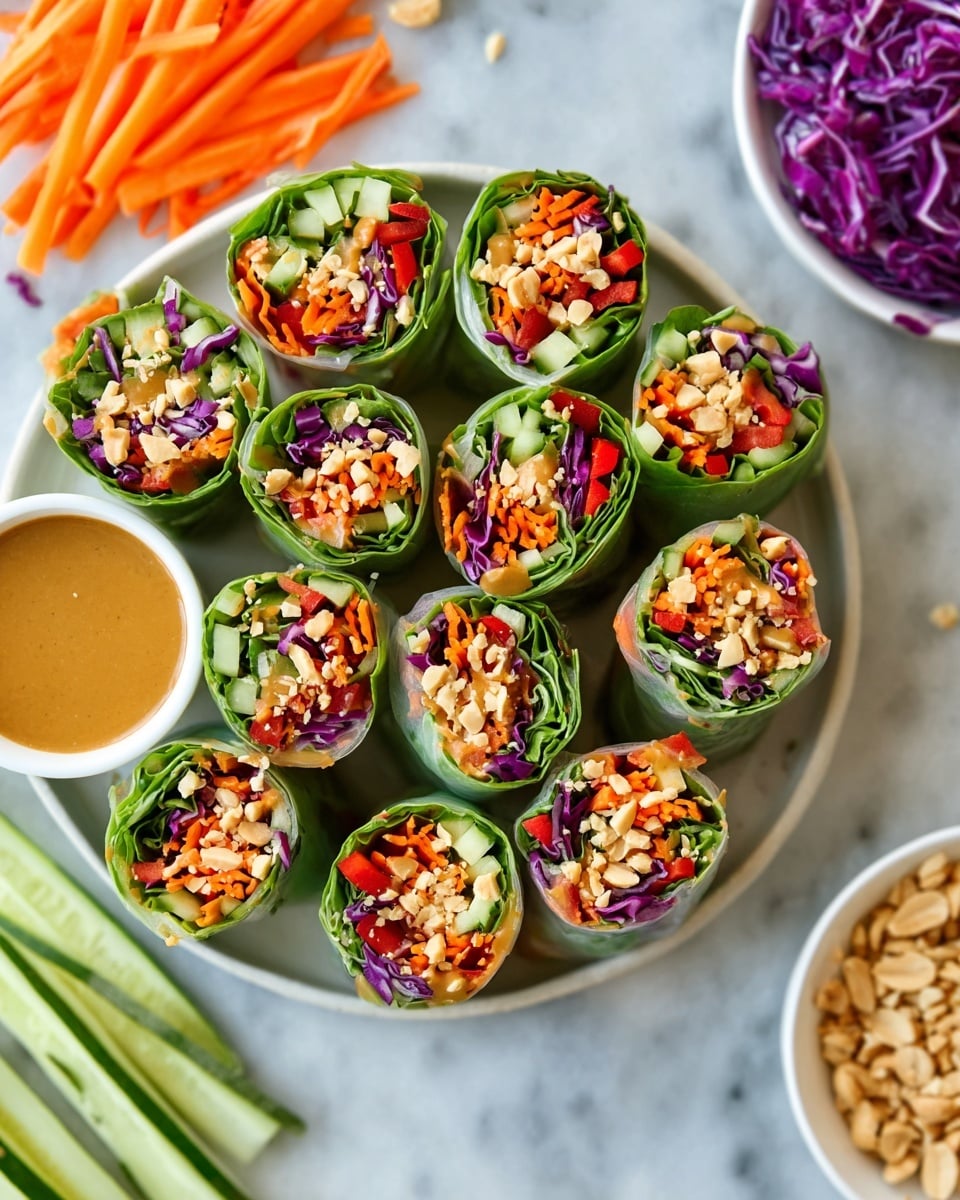 The image shows a round white plate holding about sixteen fresh spring rolls tightly wrapped in translucent green lettuce and rice paper, each cut into small cylindrical pieces. Inside each roll are layers of bright orange carrot sticks, dark purple shredded cabbage, thin red bell pepper strips, crispy cucumber sticks, and leafy green herbs, topped with light brown peanut sauce and a scattering of crushed peanuts. To the side of the plate is a small white bowl with more peanut sauce, and in the background on a white marbled surface are loose purple cabbage shreds, thin carrot sticks, cucumber sticks, and a small white bowl filled with chopped peanuts, creating a fresh and colorful presentation. photo taken with an iphone --ar 4:5 --v 7