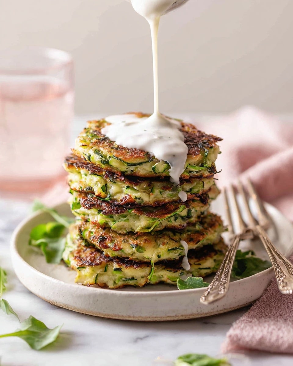 A stack of five golden-brown zucchini patties with visible green flecks of zucchini and herbs sits in the center of a round white plate. On top of the stack is a dollop of white creamy sauce being drizzled from above, creating a flowing texture. The patties look crispy on the edges and moist inside. The plate is placed on a white marbled surface with some green leaves scattered around as decoration. In the background, there is a glass of water with a light pink tint and a silver fork and knife resting beside a soft pink cloth napkin. photo taken with an iphone --ar 4:5 --v 7