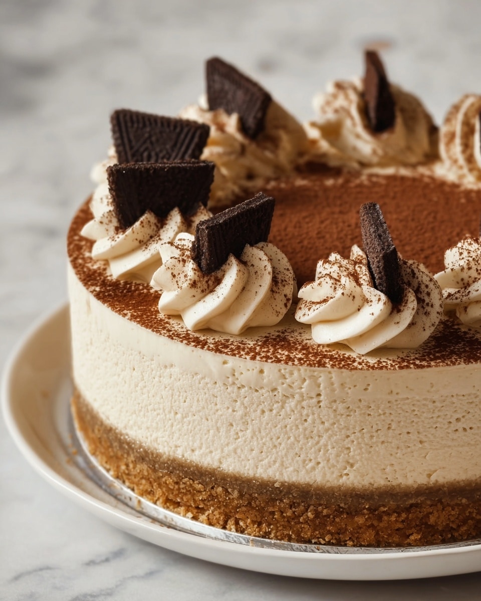 The image shows a close-up view of a round layered cake on a white plate, placed on a white marbled texture. The cake has three distinct layers: a crumbly brown crust at the bottom, a thick light beige creamy middle layer with a smooth texture, and a top layer of finely dusted cocoa powder covering the whole surface. On top, around the edge, there are evenly spaced swirls of whipped cream, each decorated with a dark chocolate triangular cookie half inserted upright, and a light dusting of cocoa powder on the cream swirls. The overall look is smooth and neat with a subtle contrast between light cream and dark chocolate accents. photo taken with an iphone --ar 4:5 --v 7