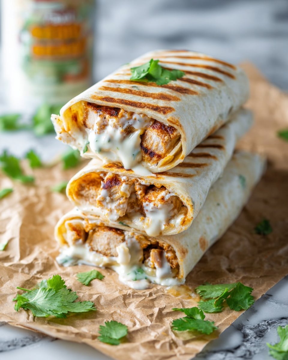 Two stacked wraps cut in half show three layers inside each: the outer thin, light beige grilled tortilla with grill marks, a middle layer of golden-brown grilled chicken pieces, and an inner layer of creamy white sauce flowing out. A small green leaf sits on top of the top wrap. The wraps rest on crumpled brown paper, scattered with fresh green cilantro leaves, all on a white marbled surface with a blurred bottle in the background. Photo taken with an iphone --ar 4:5 --v 7