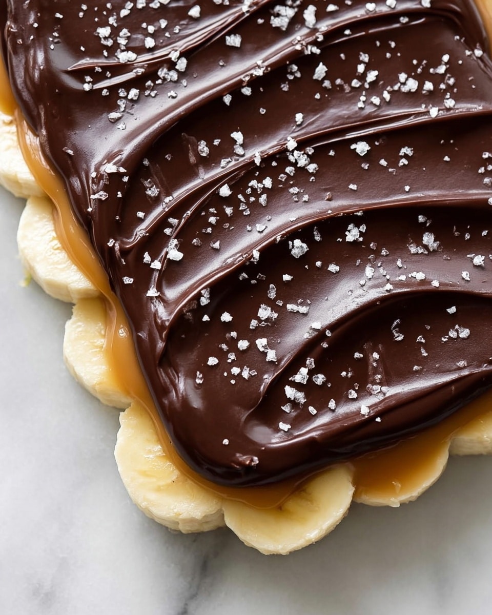 The image shows a close-up of a three-layer dessert on a white marbled surface. The bottom layer is made of sliced bananas arranged neatly in a row, showing their pale yellow color and soft texture. On top of the bananas is a smooth, golden brown caramel layer that covers the banana slices evenly. The top layer is a thick, shiny dark chocolate spread with visible swirls and ripples, sprinkled with coarse white sea salt crystals that add texture and contrast. Photo taken with an iphone --ar 4:5 --v 7