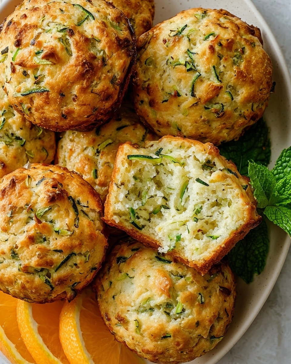 A close-up photo shows six golden brown zucchini muffins with a rough, slightly bumpy texture, packed closely together on a white plate. One muffin in the center is broken open, revealing its soft, fluffy inside filled with green zucchini shreds and small bits of herbs. Bright green zucchini pieces are visible throughout each muffin, giving a fresh contrast to the warm baked surface. Next to the muffins are a few slices of bright orange fruit, possibly orange or lime, and a sprig of fresh mint adds a touch of green to the corner. The whole scene sits on a white marbled surface. photo taken with an iphone --ar 4:5 --v 7
