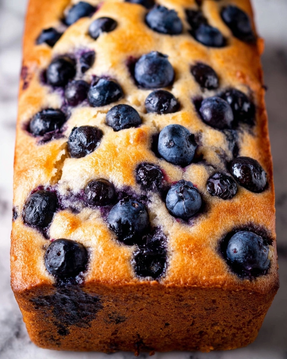 A close-up view of a single layer blueberry cake loaf with a golden-brown baked top scattered generously with whole plump blueberries. The cake surface is slightly cracked revealing juicy blueberry filling that seeps through, giving a mix of soft beige and deep purple textures. The berries are round and glossy, some slightly sunken, while the cake looks soft and moist. The background is a white marbled texture. photo taken with an iphone --ar 4:5 --v 7