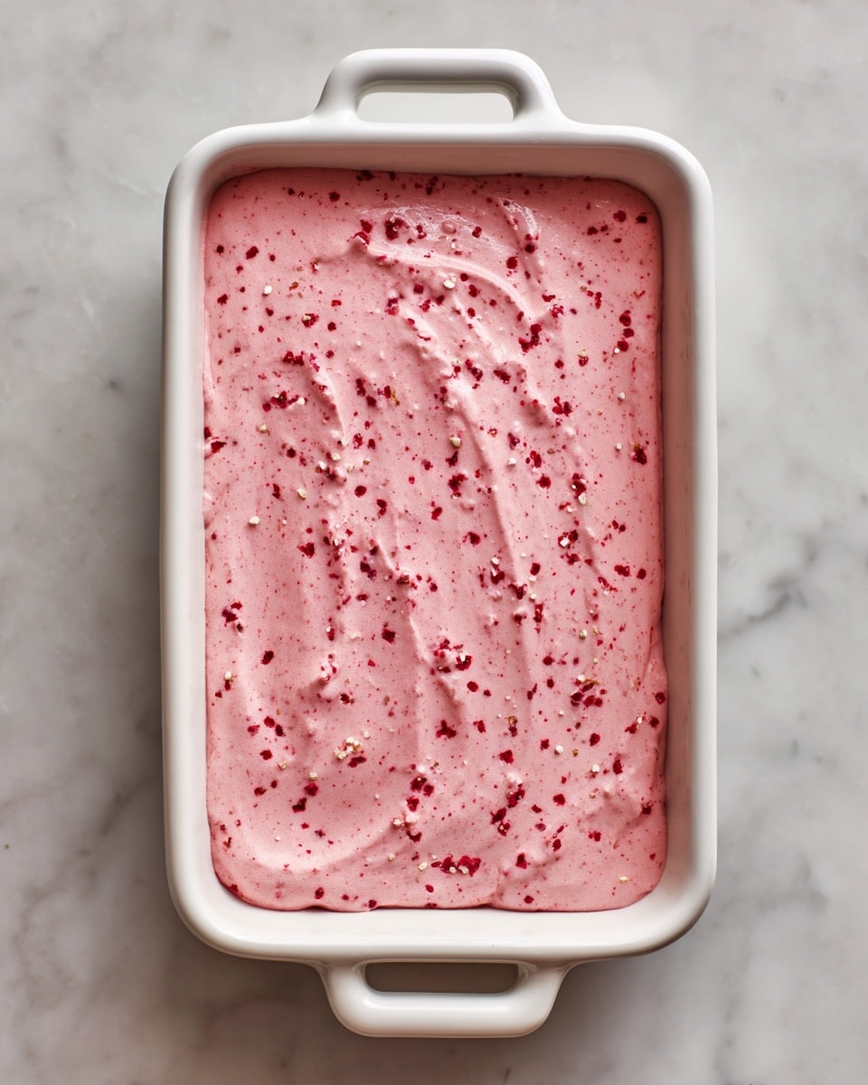 A rectangular white ceramic baking dish filled with a single thick, even layer of pink, creamy mixture that has small red specks scattered throughout, giving the surface a slightly textured look, set on a white marbled surface. photo taken with an iphone --ar 4:5 --v 7