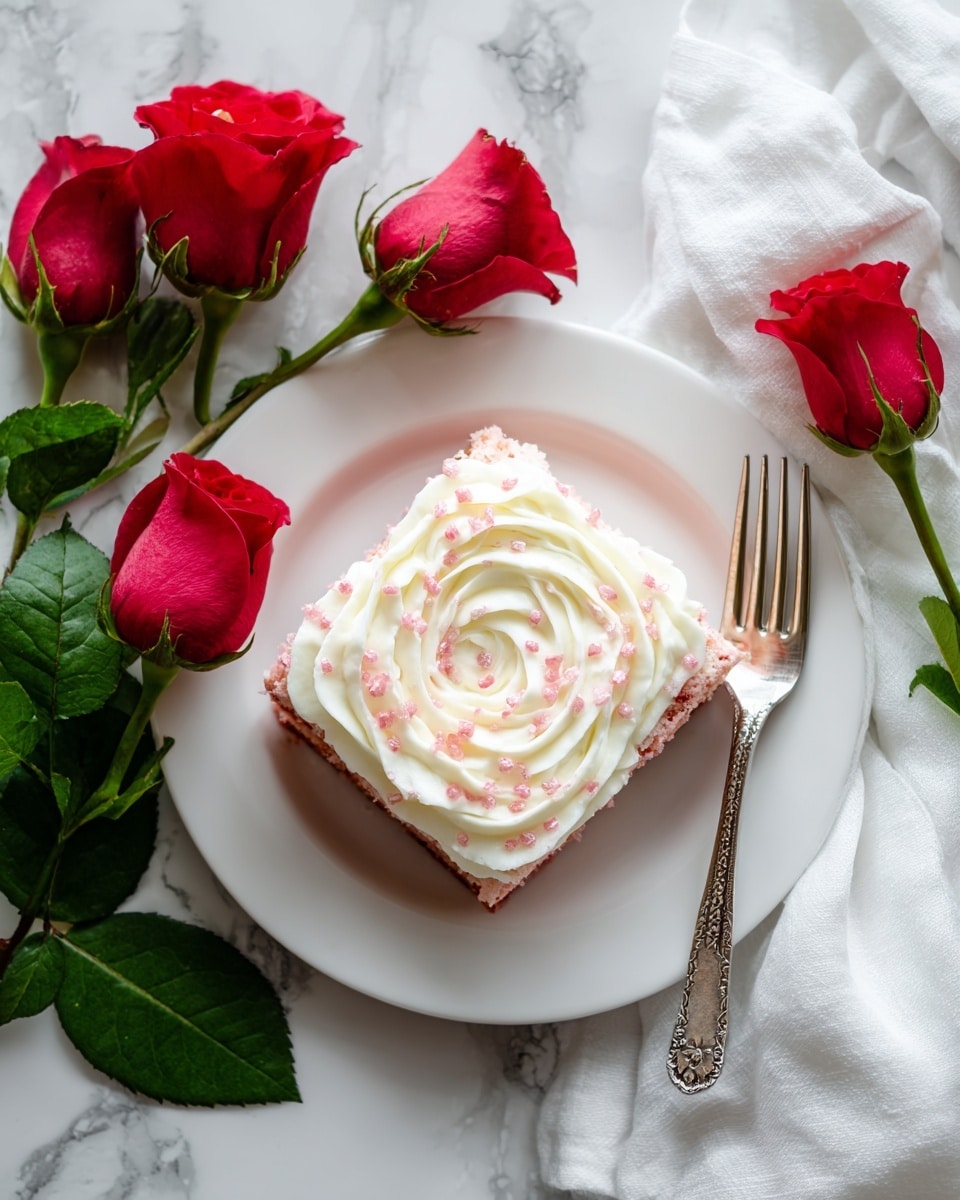 A white plate on a white marbled surface holds a single square piece of pink cake. On top is a thick layer of white whipped cream, swirled in a spiral pattern, sprinkled with small pink sugar crystals. To the left of the plate are three red roses with green leaves, and to the right is a silver fork with an ornate handle resting on a white folded cloth. Photo taken with an iphone --ar 4:5 --v 7