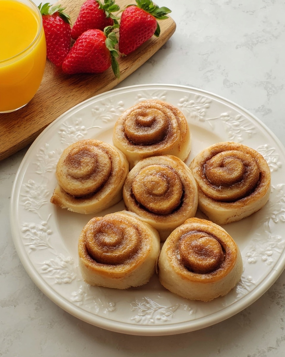 Seven small cinnamon rolls with light golden brown swirls are neatly arranged on a white plate with embossed floral patterns. The rolls have a soft, slightly glossy texture with a darker cinnamon layer visible in the spiral center of each roll. To the left of the plate, three bright red strawberries with green tops sit on a wooden surface, and a glass of orange juice with a smooth yellow-orange color is partially visible. The entire scene is set on a white marbled texture. Photo taken with an iphone --ar 4:5 --v 7