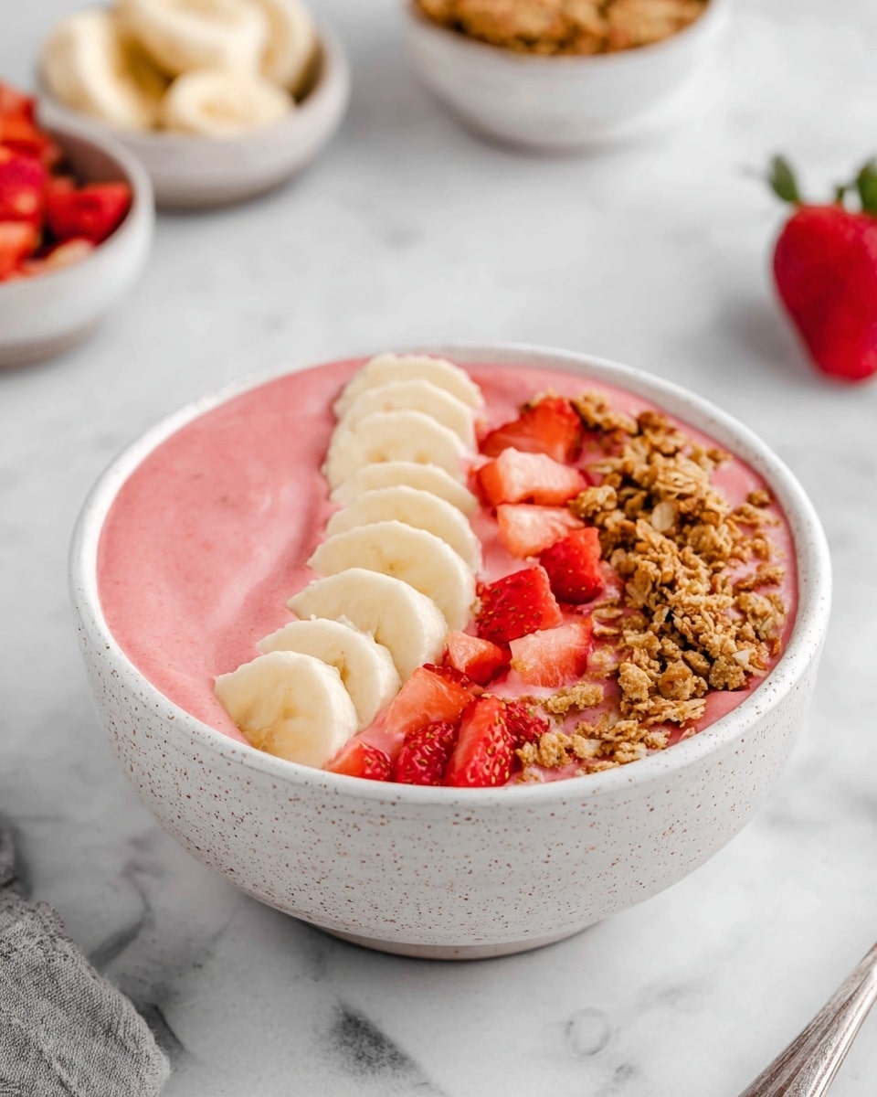 A white speckled bowl holds a smooth, thick pink smoothie base filling most of the bowl. On top, sliced banana pieces are arranged in a neat row along one side, showing a soft cream color with a smooth texture. Next to the bananas, there are small chopped strawberries with bright red color and a juicy look. Scattered granola with a crunchy, rough texture and brown color is sprinkled over the strawberries and part of the pink smoothie, adding extra texture. The bowl is set on a white marbled surface with small bowls of banana slices and strawberries blurred in the background, along with a blurred spoon on the side. photo taken with an iphone --ar 4:5 --v 7