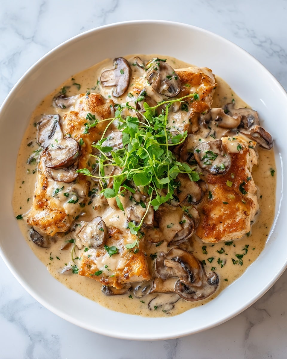 This image shows a white plate filled with creamy mushroom chicken. The dish has a base layer of golden-brown cooked chicken pieces, covered by a thick, light beige sauce with visible sliced mushrooms that are brown and soft. The sauce looks smooth and creamy, spreading evenly over the chicken. On top, there is a small bunch of fresh green herbs placed in the center as garnish. The plate sits on a white marbled texture surface. Photo taken with an iphone --ar 4:5 --v 7