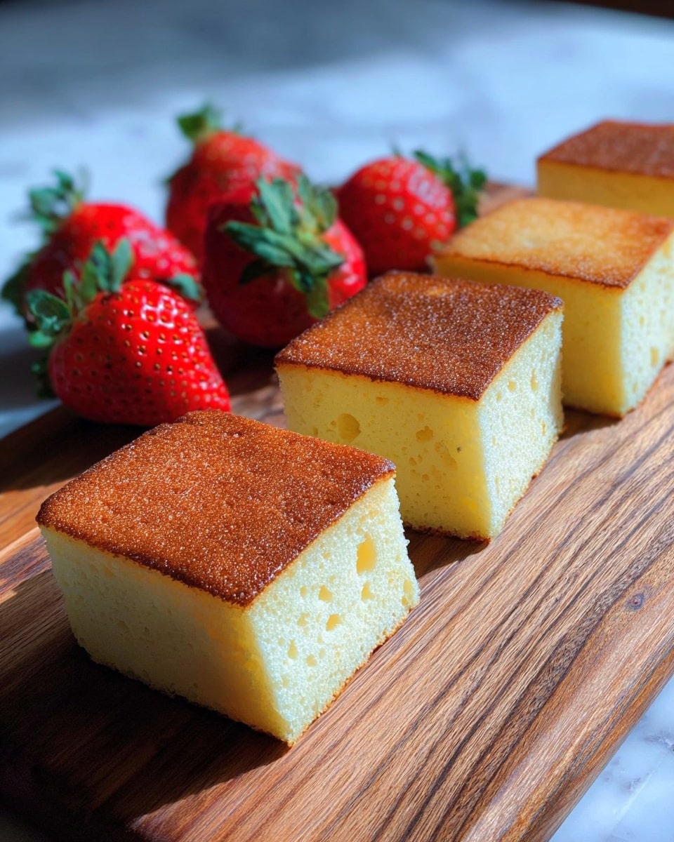 Four square pieces of light yellow cake with a golden brown top layer are placed side by side on a wooden board. The cake texture is soft and spongy with small air holes visible inside. Behind the cake pieces, there are several fresh red strawberries with green leaves. The scene is set against a white marbled surface. photo taken with an iphone --ar 4:5 --v 7