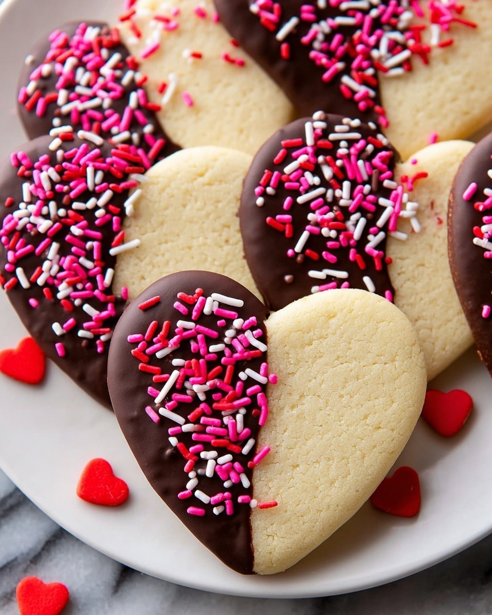 The image shows several heart-shaped sugar cookies on a white plate placed on a white marbled surface. Each cookie has a smooth light golden base layer. Half of each cookie is dipped in dark chocolate, which is glossy and smooth. On the chocolate side, there are colorful sprinkles in three colors: bright pink heart shapes, white thin sticks, and red thin sticks. The sprinkles are scattered densely, adding texture and vivid contrast to the dark chocolate. There are also a few small red heart-shaped candies on the plate around the cookies. photo taken with an iphone --ar 4:5 --v 7