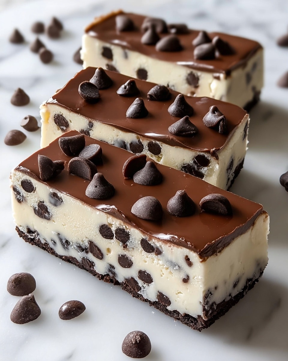 Three rectangular dessert bars are shown on a white marbled surface, each with three visible layers. The bottom layer is thin, dark, and firm, likely a chocolate crust. The middle layer is thick, creamy, and white with dark chocolate chips mixed evenly inside. The top layer is a smooth, glossy chocolate coating, decorated with several dark chocolate chips scattered on top. Some chocolate chips are also placed around the bars on the surface. Photo taken with an iphone --ar 4:5 --v 7