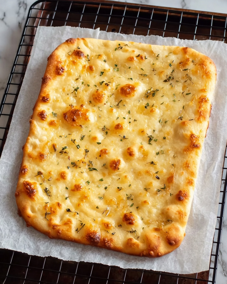 A rectangular flatbread with a golden brown crust is shown resting on white parchment paper on a black cooling rack. The bread has a soft, slightly puffed texture with small dimples across the surface. On top, melted cheese with lightly browned spots is spread evenly, with some small herbs sprinkled in dark green, adding color contrast. The edges have a crispy, slightly darker finish, suggesting it is freshly baked. The background is altered to a white marbled texture. photo taken with an iphone --ar 4:5 --v 7