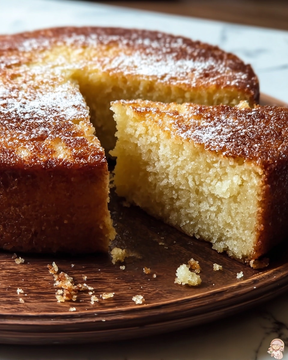 A close-up of a round, golden-brown cake with a moist, soft inside texture visible from a cut-out slice. The cake has one main layer with a slightly crumbly surface and a shiny glaze on top, showing a few tiny browned spots. It sits on a wooden board with some crumbs scattered around. In the blurred background, there is a white marbled surface. Photo taken with an iphone --ar 4:5 --v 7