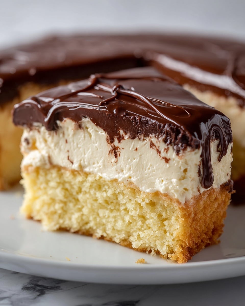 The image shows a small, round three-layer cake placed on a wooden slice with rough bark edges. The bottom and middle layers are light beige cake, with a thick middle layer of white creamy filling. On top of the cake is a thick, glossy dark chocolate sauce that drips unevenly down the sides in thick streams. A swirl of white cream sits in the center on top, decorated with chocolate drizzle and scattered with what looks like whole coffee beans and small chocolate bits. The background is softly blurred, highlighting the cake, and has a white marbled texture beneath the wooden slice. photo taken with an iphone --ar 4:5 --v 7