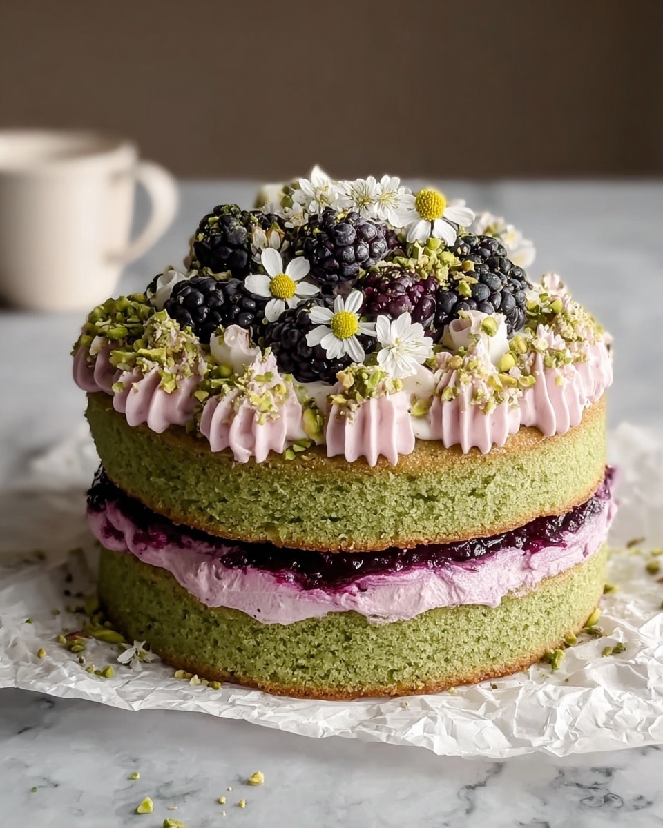 A two-layer green cake with a rich texture, each layer is thick and moist. Between the layers is a spread of purple berry jam and light pink cream. The top layer is decorated with pink piped cream around the edge, white cream in the center, blackberries, chopped green pistachios, and small delicate white edible flowers scattered over the top. The cake sits on crumpled white parchment paper on a white marbled surface. photo taken with an iphone --ar 4:5 --v 7