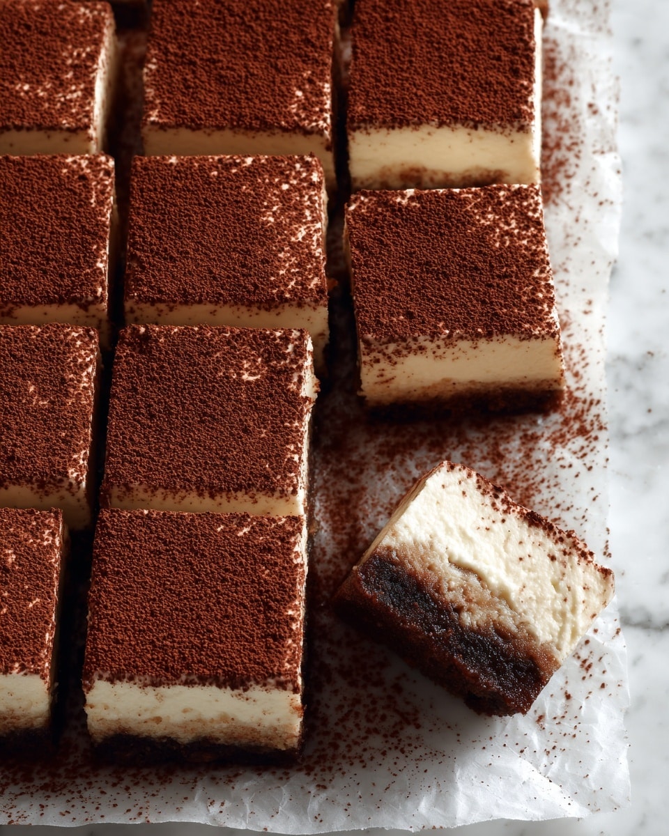 The image shows several square pieces of dessert arranged in a grid on white parchment paper over a white marbled surface. Each piece has three visible layers: a dark brown bottom layer that looks moist and dense, a thick middle layer of creamy off-white filling with a smooth texture, and a top layer dusted with a generous amount of fine cocoa powder, giving the surface a textured, dark brown finish. One piece is slightly separated from the rest, showing the distinct layers clearly from the side. Photo taken with an iphone --ar 4:5 --v 7