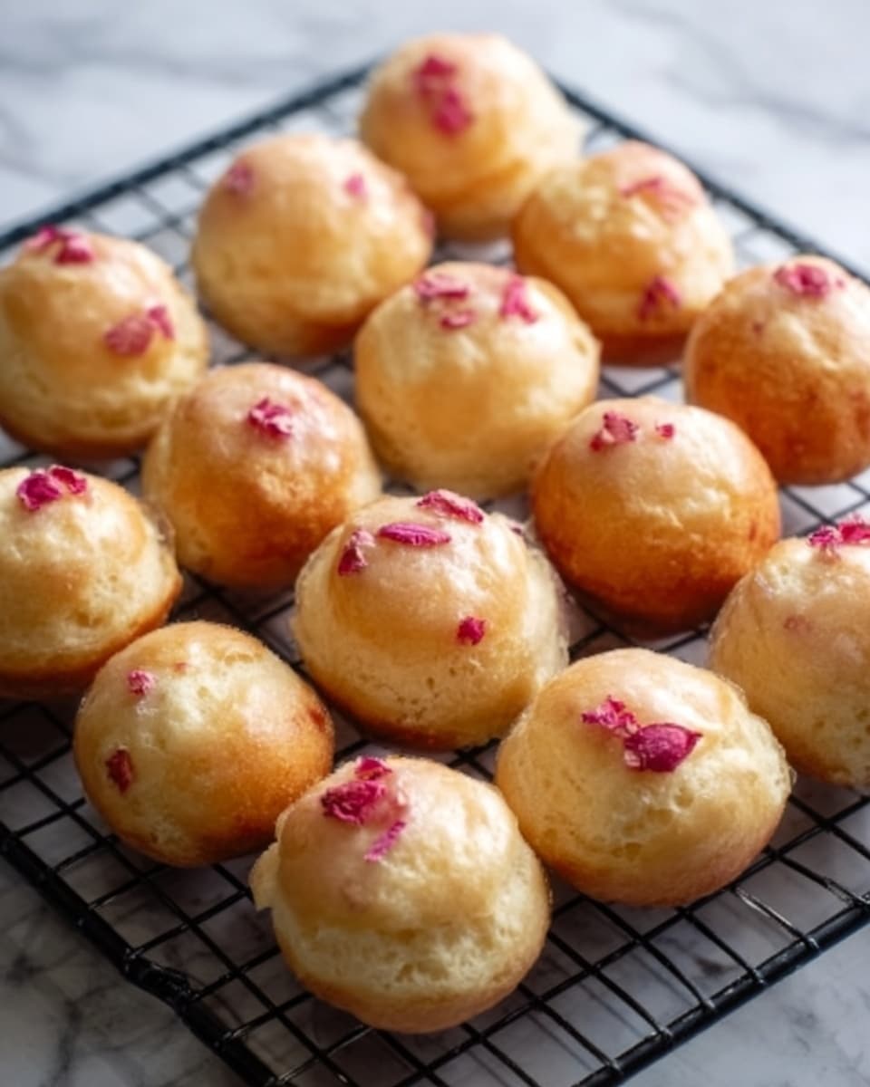 The image shows a cluster of round cream puffs arranged closely together on a black wire cooling rack. Each puff has a light golden-brown outer layer with a smooth, slightly shiny texture. On top of every cream puff, there are small pinkish-red rose petals, adding a delicate touch of color and softness. The wire rack is placed over a white marbled surface. The lighting highlights the airy texture and subtle crispiness of the puffs. photo taken with an iphone --ar 4:5 --v 7