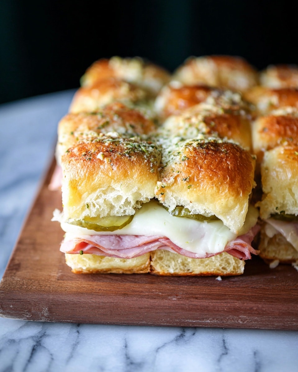 The image shows a close-up side view of a sandwich made from a cluster of soft, golden-brown dinner rolls with a topping of green herbs and grated cheese. Beneath the top layer of fluffy, browned bread, there are thin slices of melted white cheese, bright green pickle slices, and pink smoked ham with slightly crispy edges, all layered on a soft, slightly toasted bottom roll. The sandwich is placed on a wooden board, with a white marbled texture in the background. Photo taken with an iphone --ar 4:5 --v 7