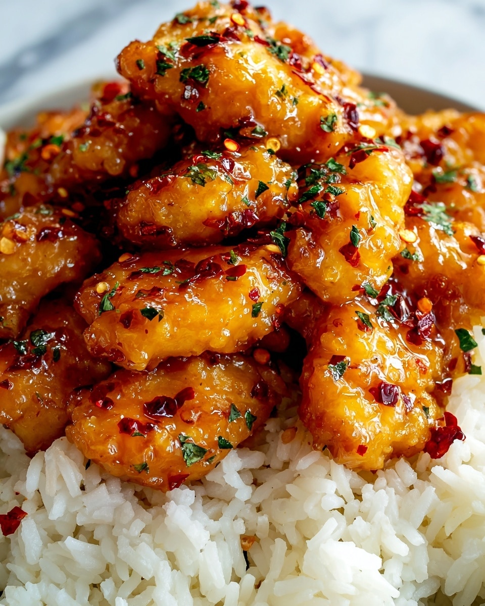 The image shows a close-up of golden-brown chicken pieces coated in a glossy orange sauce with red chili flakes and green herb sprinkles on top, placed in a mound over a bed of fluffy white rice. The chicken looks crispy but tender, covered with a sticky glaze that creates a shiny texture, while the white rice underneath appears soft with individual grains clearly visible. The dish is presented against a white marbled background, highlighting the rich colors of the chicken and garnishes. photo taken with an iphone --ar 4:5 --v 7